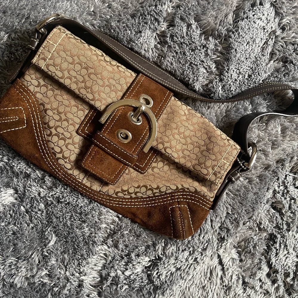 Coach shoulder bag brown and beige signature silver hardware